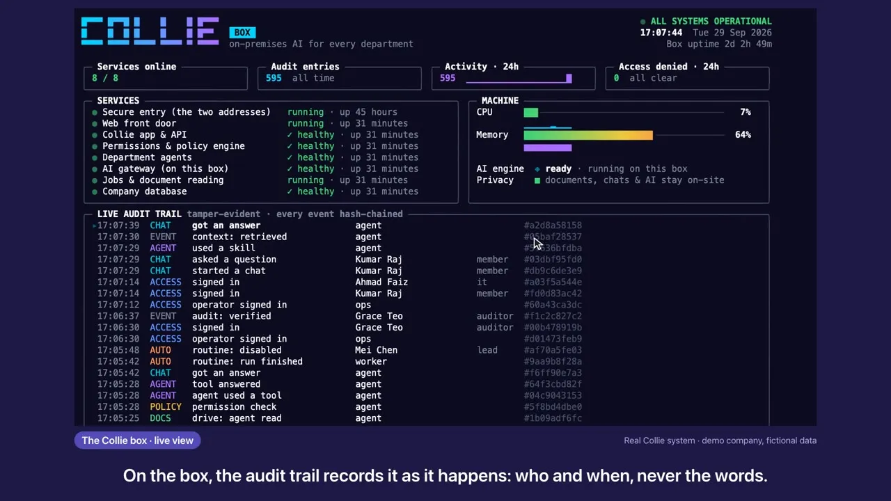 The Collie box live view: services, AI engine on the box and a tamper-evident audit trail