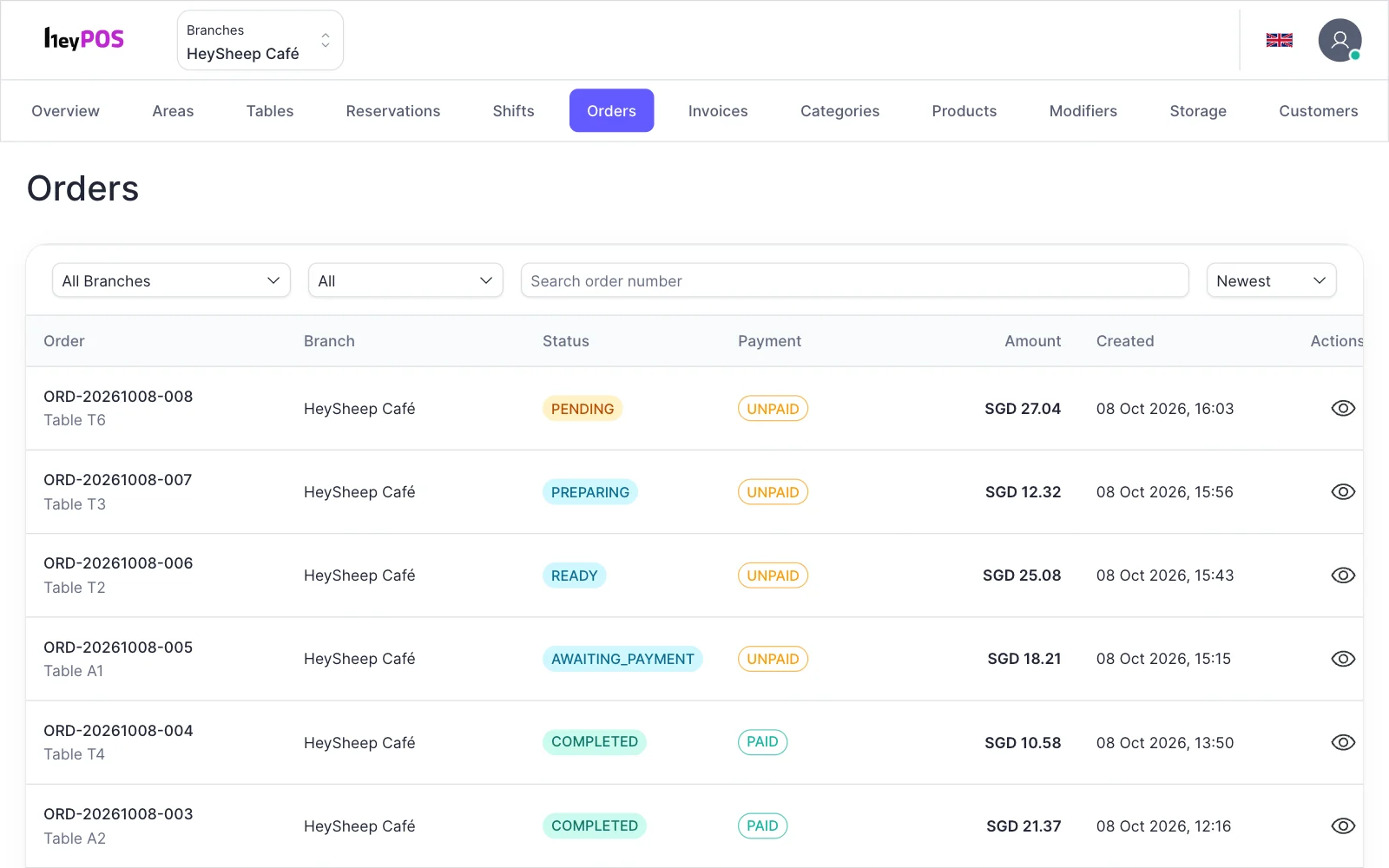 HeyPOS back office, Orders: live table and counter orders with their status — pending, preparing, ready, awaiting payment, completed — amounts and times