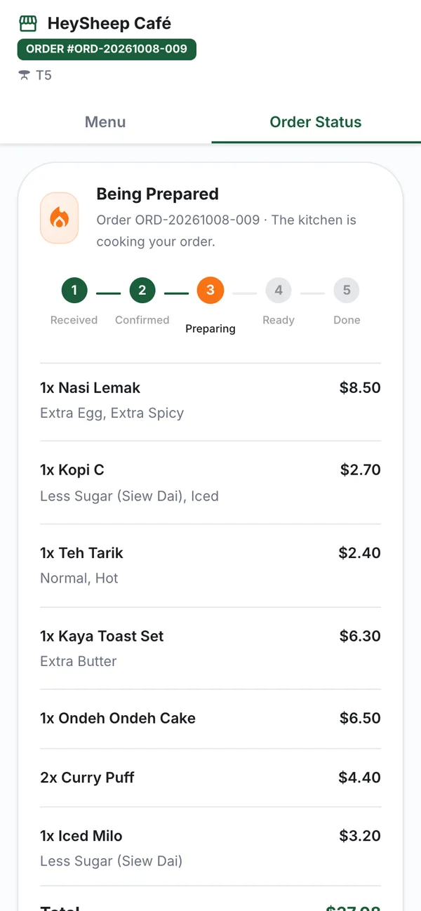 HeyPOS QR ordering on a guest's phone — Live order status: Received → confirmed → preparing → ready → done, updating on its own.