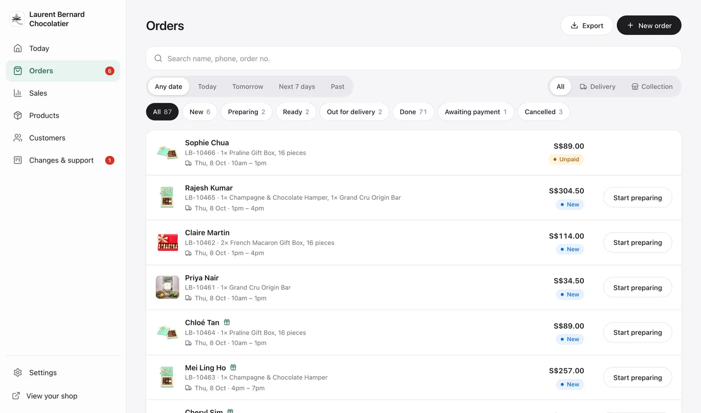 Back office: all orders, searchable and filtered (demo data)