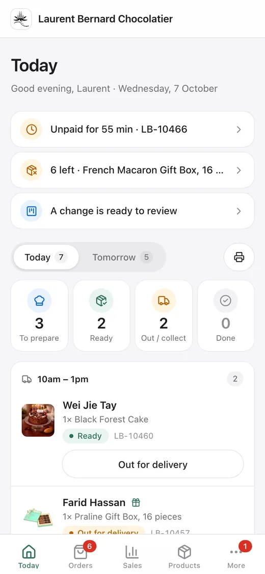 HeyShop back office on a phone: today's orders and alerts (demo data)